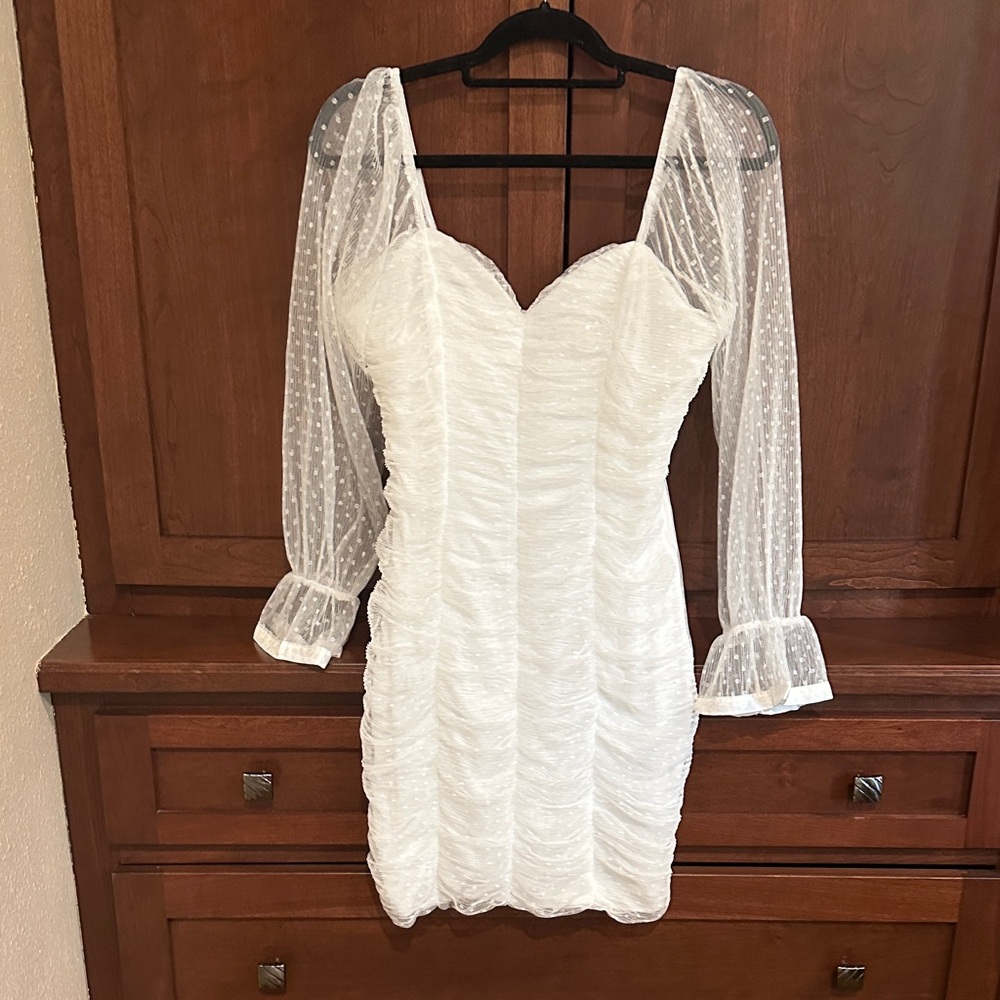 Elegant White Ruched Dress with Sheer Sleeves